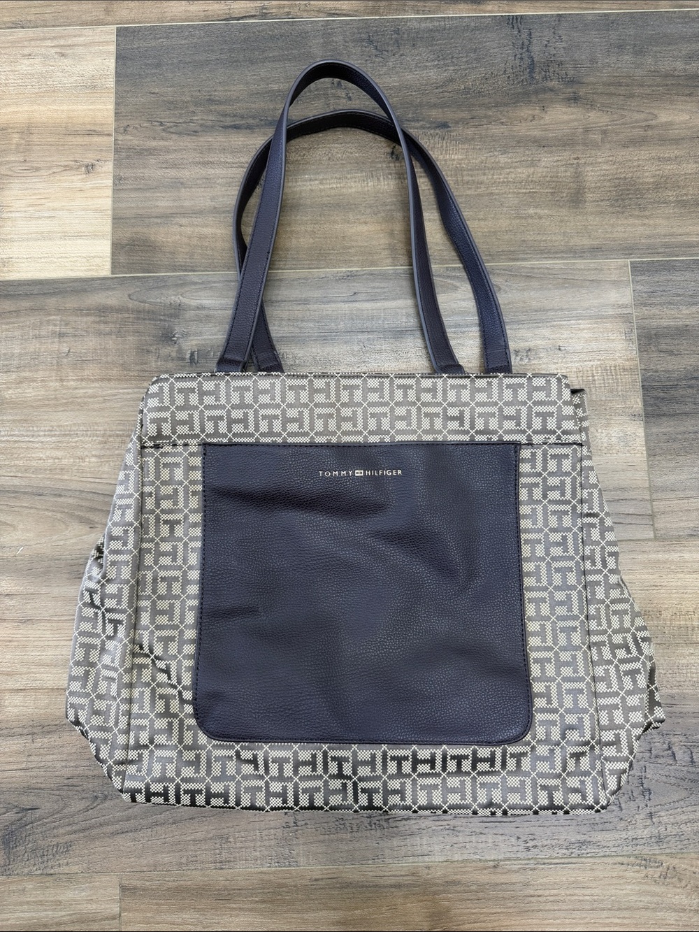 Tommy Hilfiger Beige and Brown Monogram Tote with Front Pocket